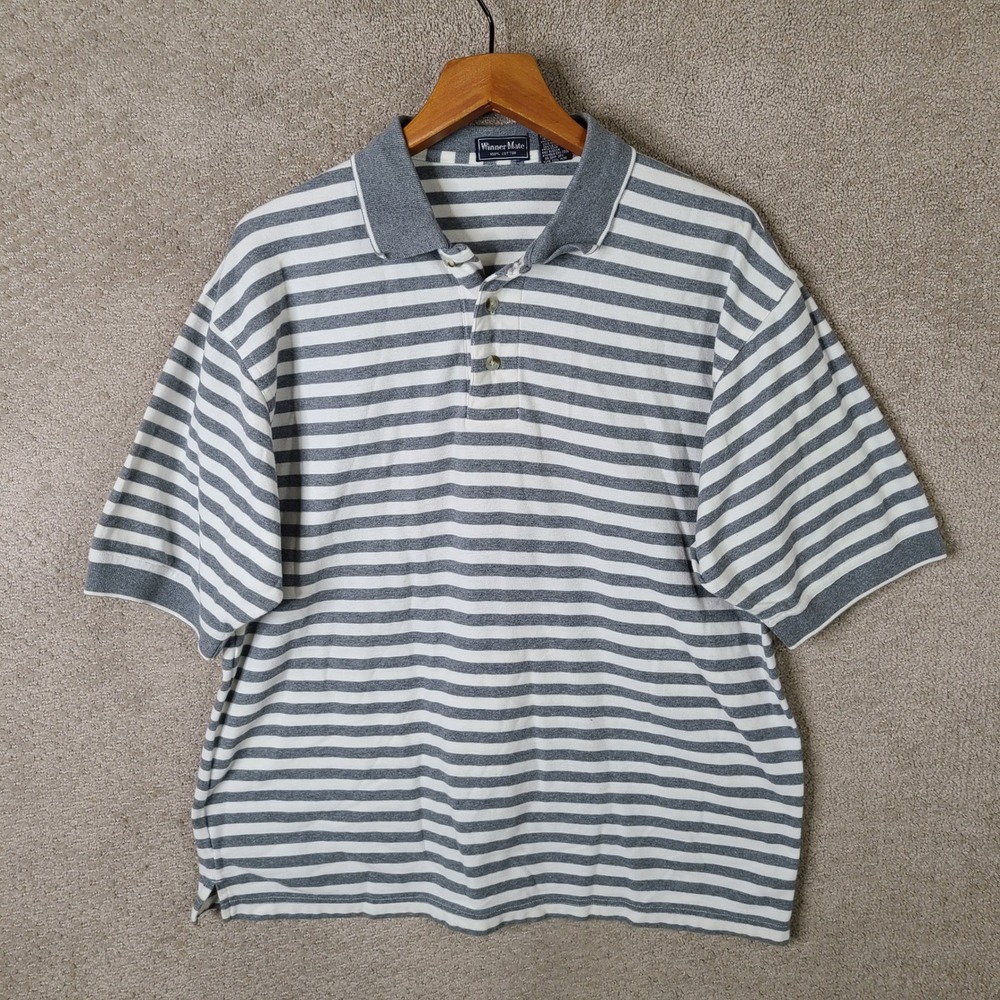 Winner Mate Shirt Mens Large Gray Striped Polo Short Sleeve 100% Cotton Casual